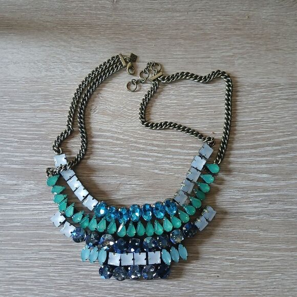 BR Banana Republic Statement Necklace Bib Mosiac Blue Rhinestone Charm - Picture 7 of 9